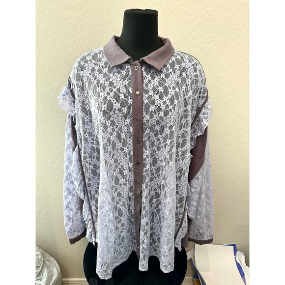 POL | Boho Lavender Lace Button Up Shirt Ruffle Trim Sheer Romantic Top | Large - Picture 3 of 9